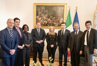 Members of the Enquiry Mission, led by the President of the BIE Information and Communication Committee, Murager Sauranbayev, meet with the Prime Minister of Italy, Giorgia Meloni
