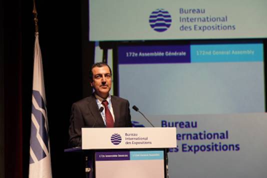 The Secretary General of Expo 2023 Doha, Mohammed Ali Alkhoori, addressing the 172nd General Assembly of the BIE